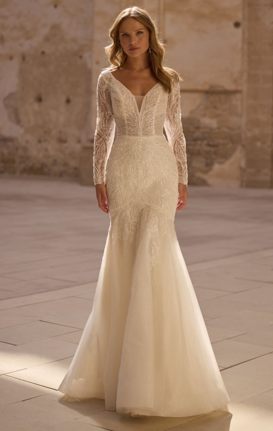 white and gold wedding dress with sleeves Champagne Illusion 3/4 Sleeve Lace Wedding Dress Champagne main image 1