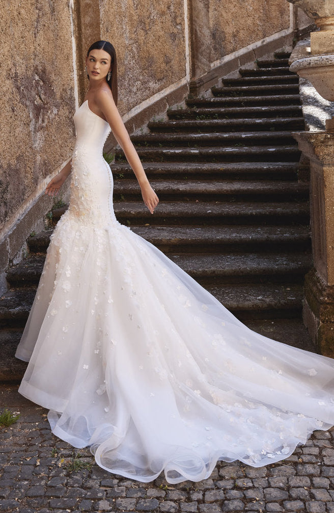 adele mermaid dress Adele Sleek, romantic, unforgettable. This crepe fishtail gown features a soft scoop neckline and open back, flowing into a dramatic tulle skirt adorned with delicate 3D floral appliqus and finished with