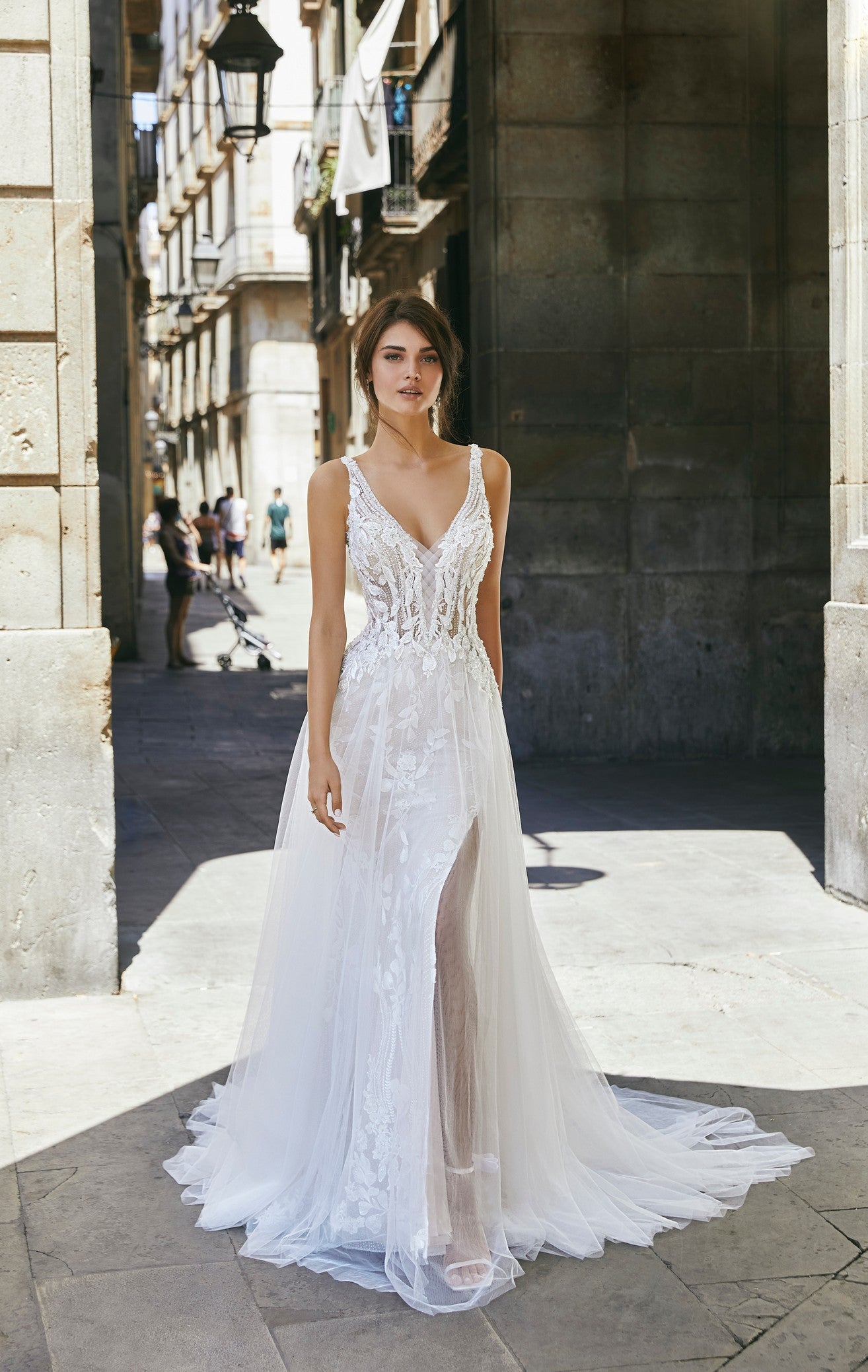 Ronald Joyce 69701 A-line lace applique wedding dress with v neck and back  – Veni Infantino
