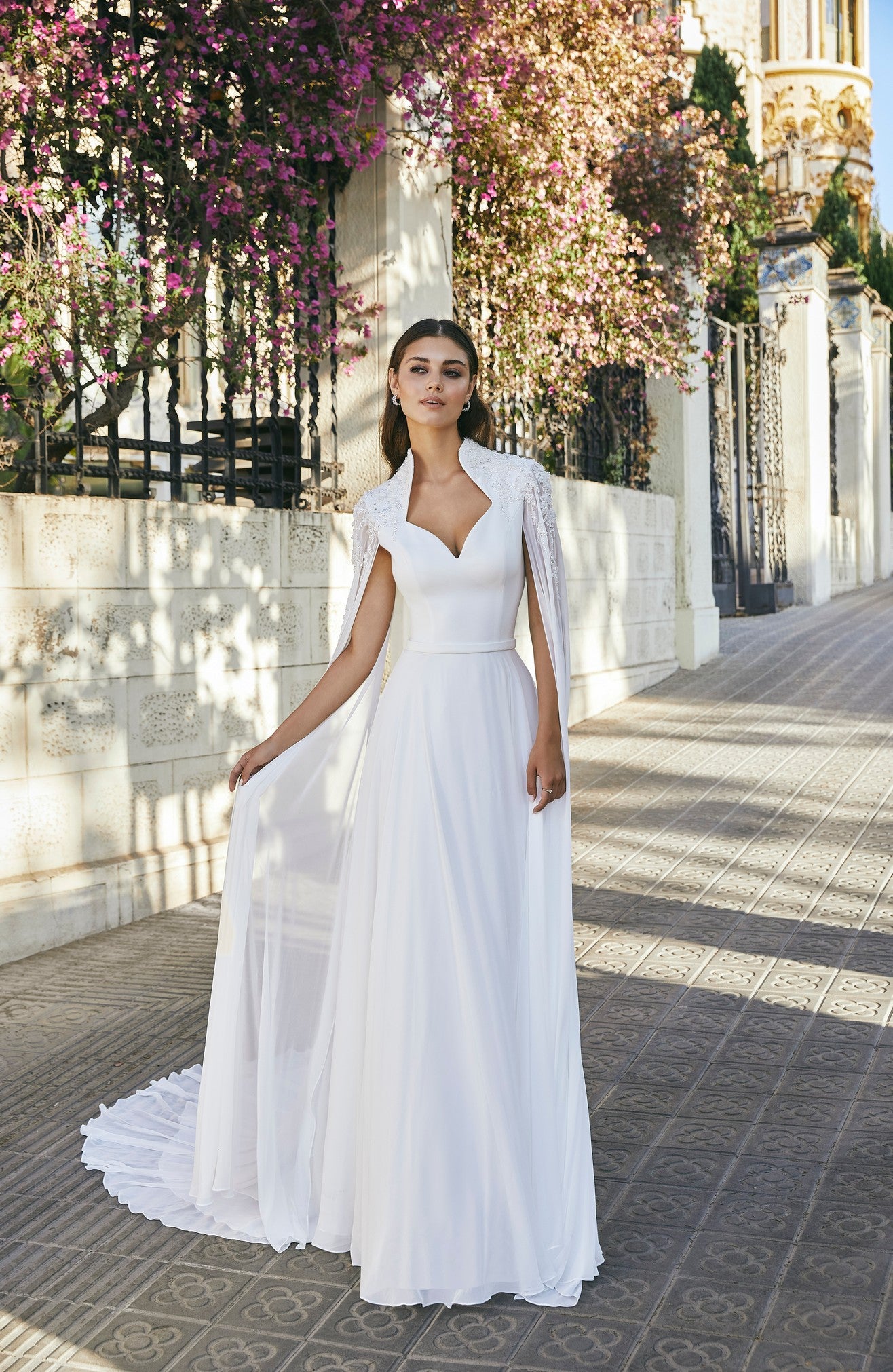Ronald Joyce 69708 A-line wedding dress with Queen Anne collar and cape Veni Infantino Ronald Joyce 69708 A-line wedding dress with Queen Anne collar and cape Veni Infantino