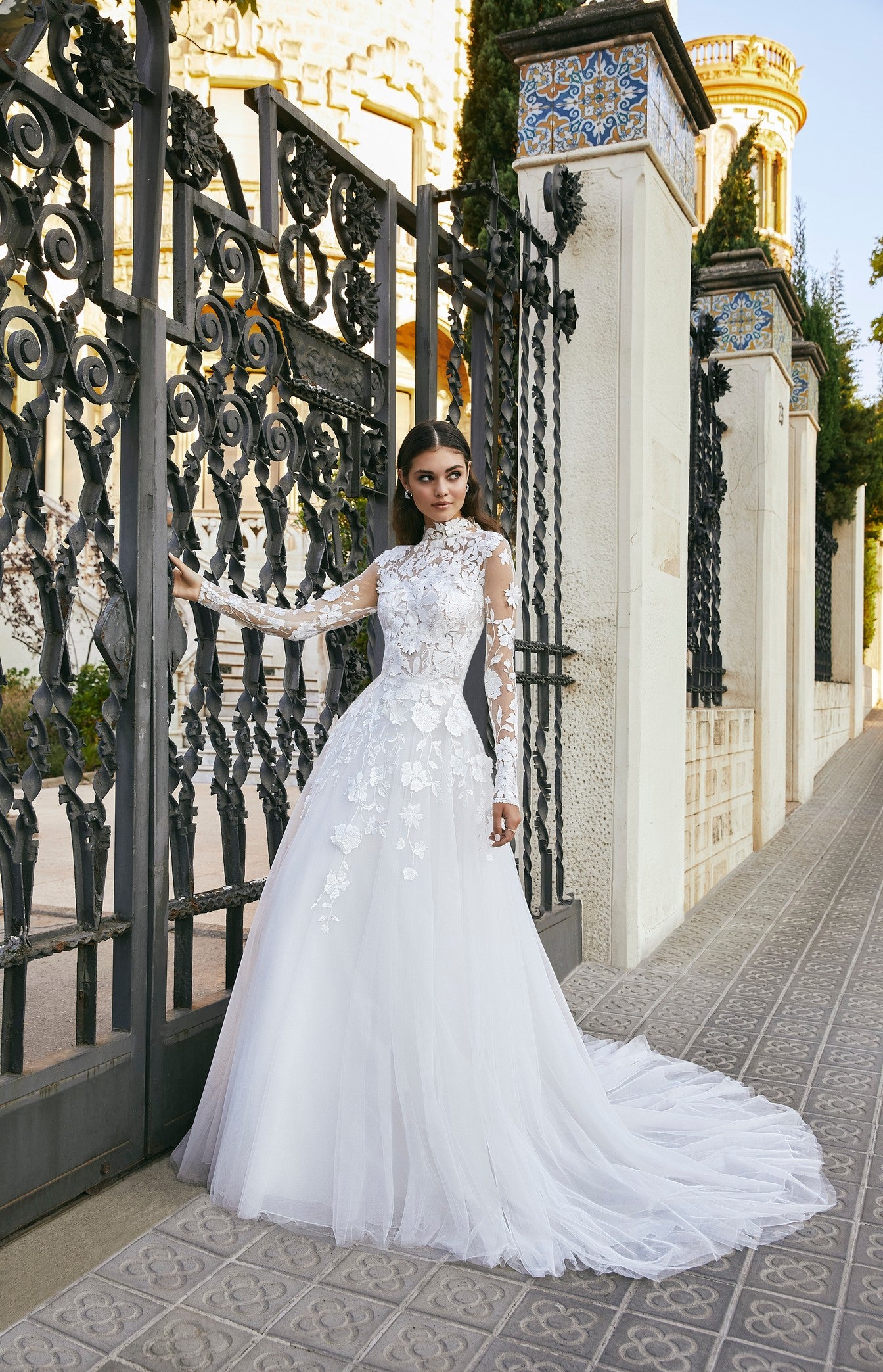 Ronald Joyce 69717 lace applique A-line wedding dress with high neck Veni Infantino Ronald Joyce 69717 lace applique A-line wedding dress with high neck Veni Infantino